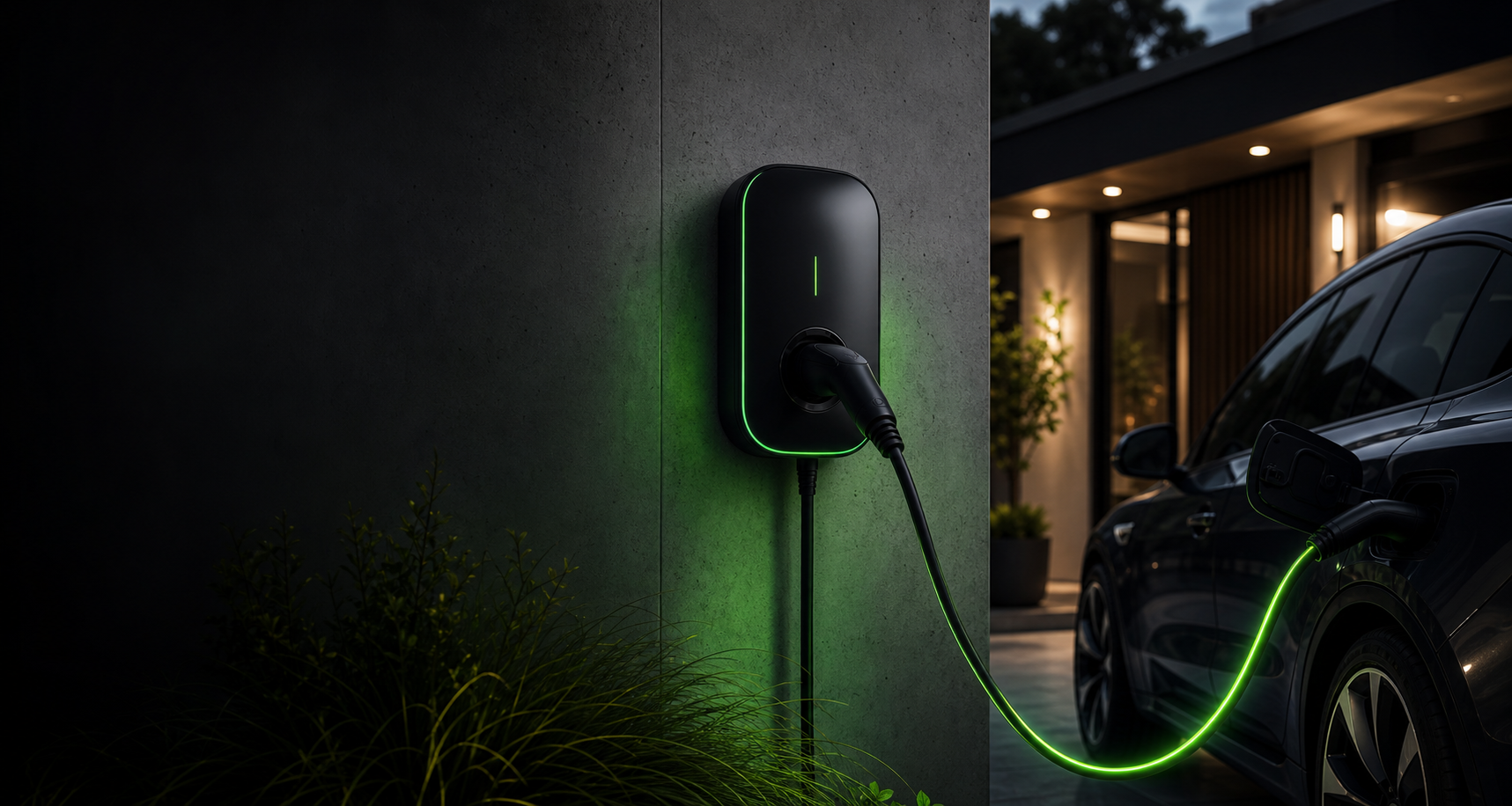 Carregador eletrico instalado numa parede junto a um carro eletrico